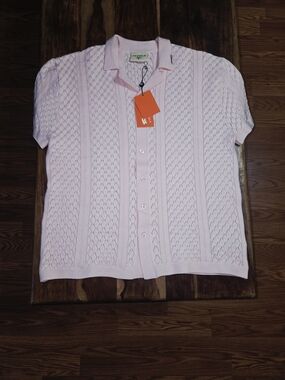 YoungLA Light Pink Short-Sleeve Button-Down Knit Shirt.  Size Medium.